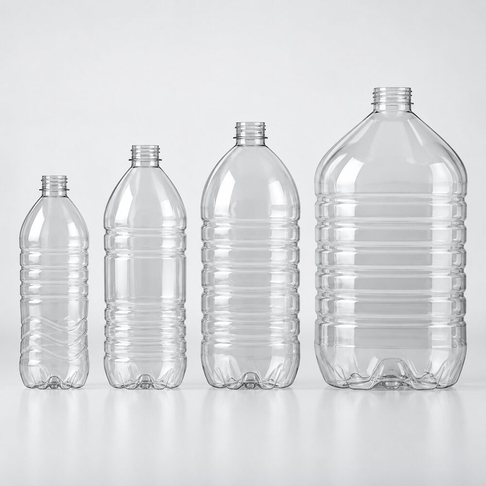 Large clear PET bottles in one to five litre capacities
