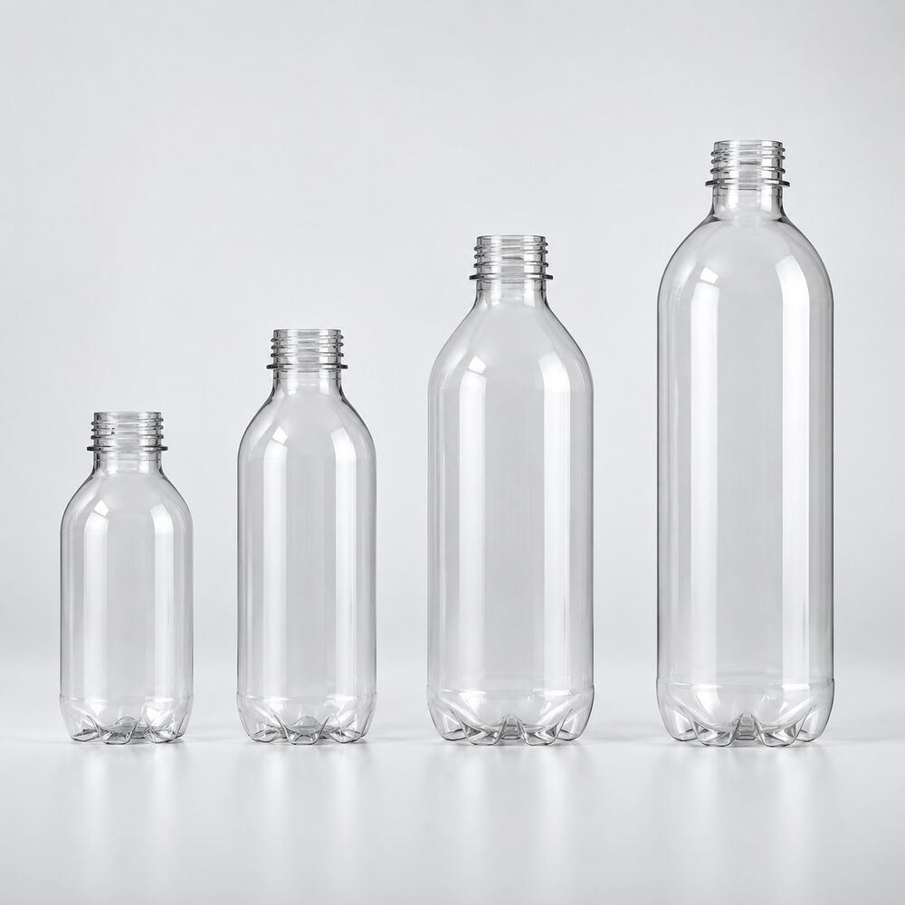 Small clear PET bottles in several capacities