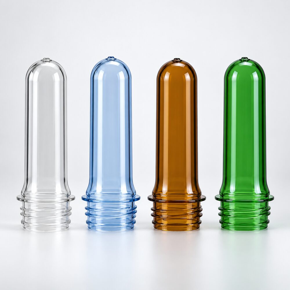 PET preforms shown in clear and coloured options